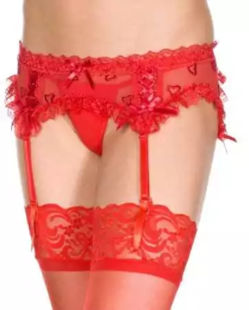 Red mesh and lace suspender belt with small hearts - MH7722RED