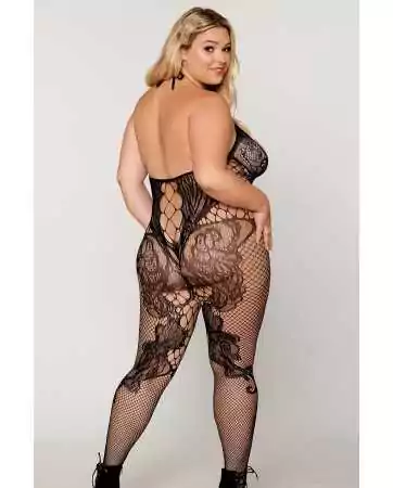 Long-sleeved bodystocking in plus size with body and black stockings effect - DG0444XBLK