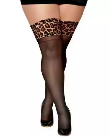 Black stockings in plus size with leopard print garters - DG0432XLEB