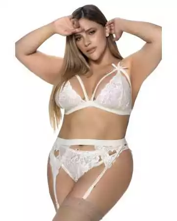 Three-piece ivory set in large size, including a bra, a thong, and a garter belt - MAL8221XIVO