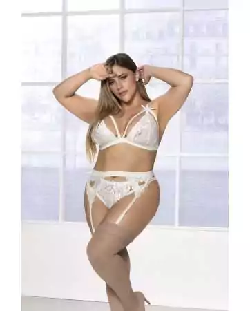 Three-piece ivory set in large size, including a bra, a thong, and a garter belt - MAL8221XIVO