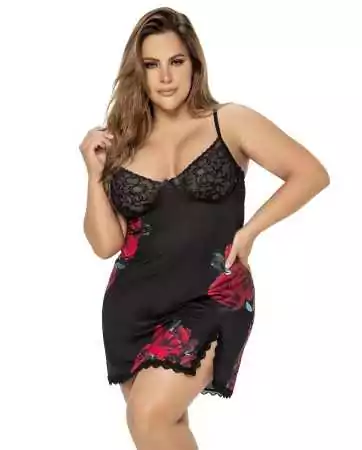 Black plus size nightie with floral pattern and matching thong - MAL7438XBLF