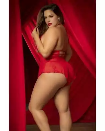 Corpo vermelho de tamanho grande com efeito babydoll e tanga a condizer - MAL7445XRED