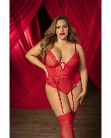 Red plus size bodysuit with garter straps - MAL8724XRED