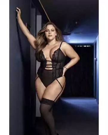 Plus-size body in black transparent lace and fishnet - MAL8683XBLK