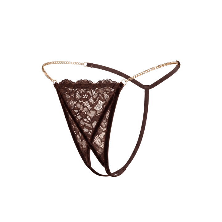 String en dentelle marron ouvert avec chaînes dorées - Oralove