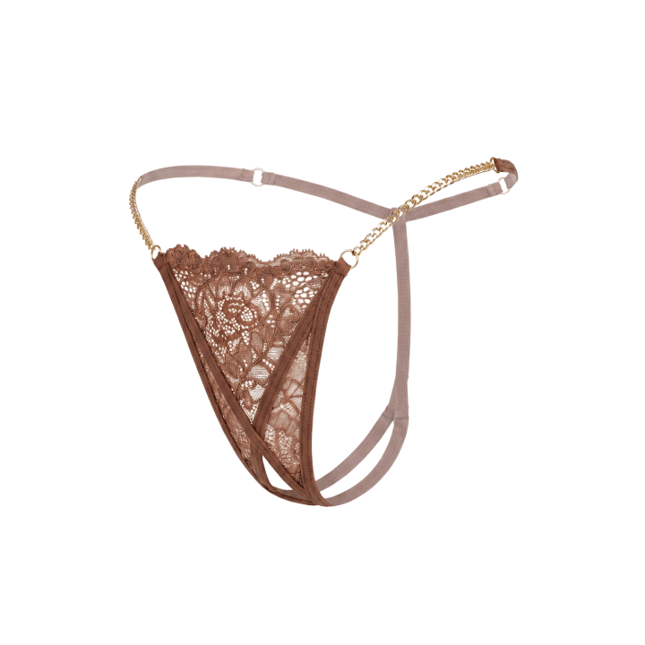 String en dentelle taupe ouvert avec chaînes dorées - Oralove