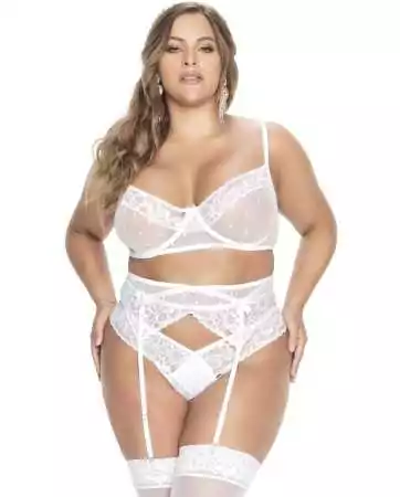 Plus-size three-piece set in fine mesh and white lace - MAL8672XWHT