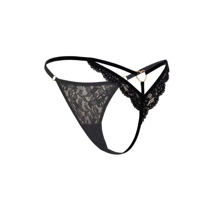 String noir en dentelle avec bijou cœur doré - Oralove