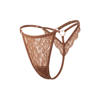 String taupe en dentelle avec bijou cœur doré - Oralove