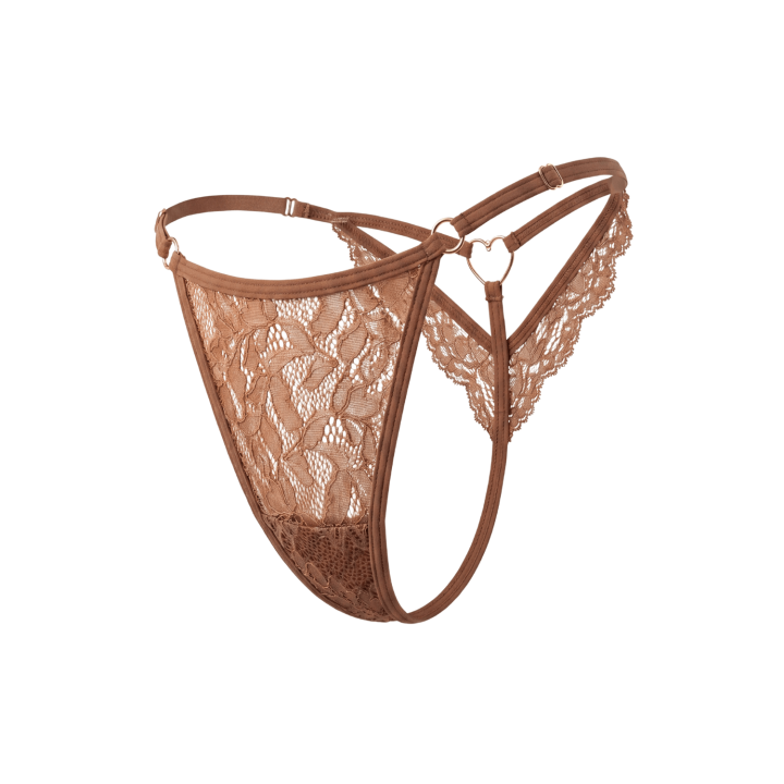 String taupe en dentelle avec bijou cœur doré - Oralove