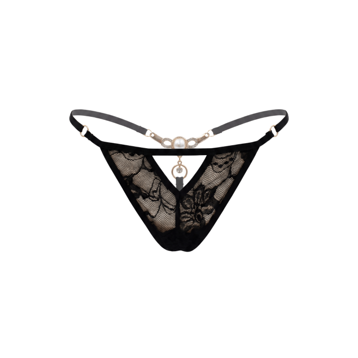 String noir avec bijou perle strass dorés - Oralove