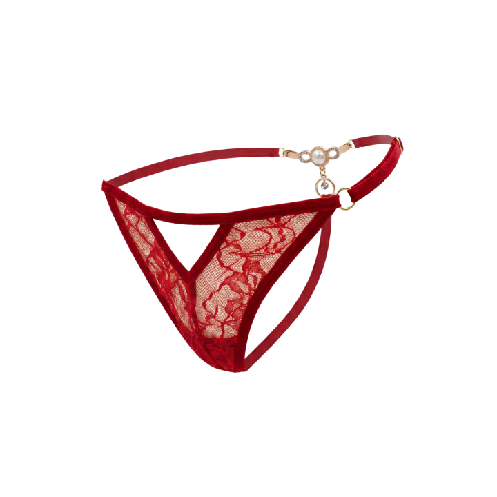 String rouge avec bijou perle strass dorés - Oralove