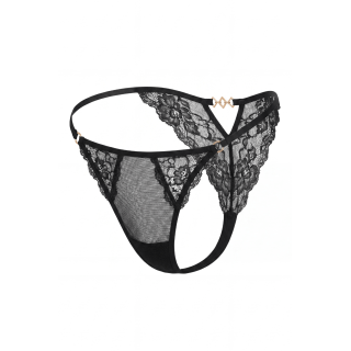 Tanga noir en dentelle avec bijou losanges dorés - Oralove