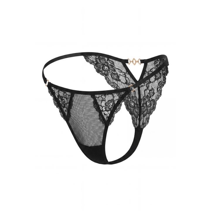 Tanga noir en dentelle avec bijou losanges dorés - Oralove