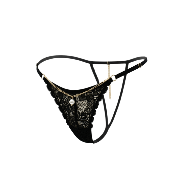 String noir en dentelle avec bijou et chaîne dorée - Oralove