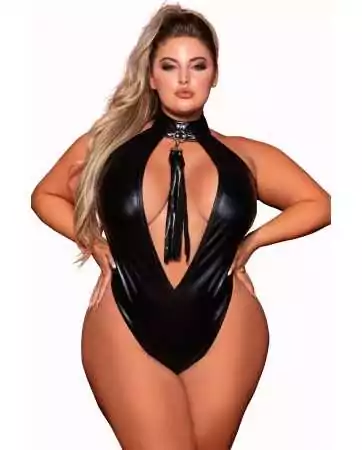 Faux leather body in plus size, stretchy with studded collar and whip - DG12450XBLK