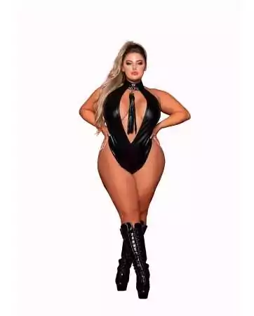 Faux leather body in plus size, stretchy with studded collar and whip - DG12450XBLK
