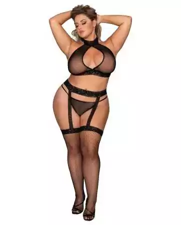 Plus size set, sexy, three pieces in mesh and lace - DG0375XBLK