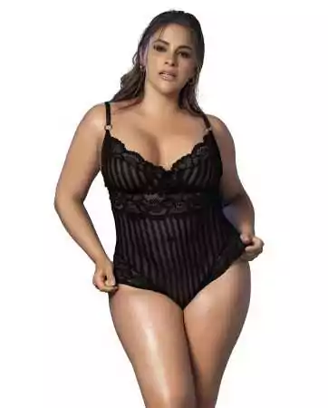 Black lace bodysuit, striped with lace and fine mesh - MAL8631XBLK