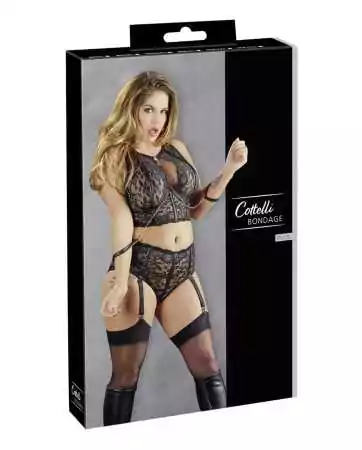 Underwired bra and suspender belt with removable black handcuffs, large size - OR2213613BLK