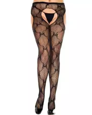Plus Size Black Nylon Tights with Suspender Belt Effect and Fancy Bows - MH933XBLK