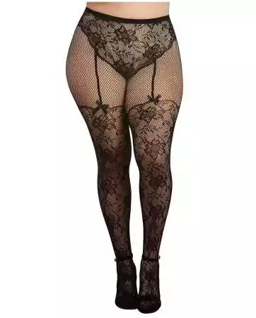 Plus-size lace and fishnet tights in a high-waisted panty style - DG0346XBLK