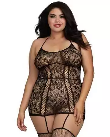 Plus size lace bodysuit with crisscrossing straps in the front and back - DG0331XBLK