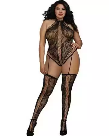 Plus Size Bodysuit in a lace thong style with criss-cross details - DG0329XBLK