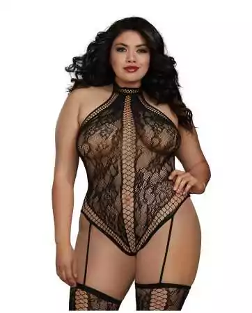 Plus Size Bodysuit in a lace thong style with criss-cross details - DG0329XBLK