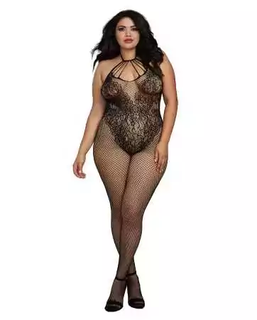 Plus-size fishnet bodystocking in a body-style design with a stunning strappy neckline - DG0326XBLK