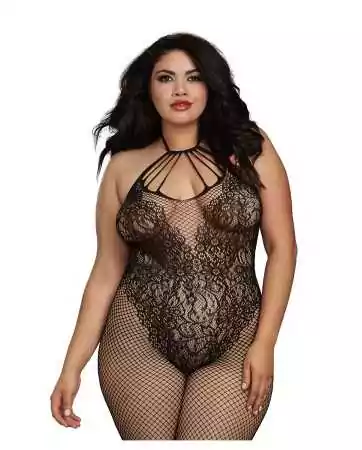 Bodystocking taglie forti in rete stile body con uno splendido scollo a strisce - DG0326XBLK