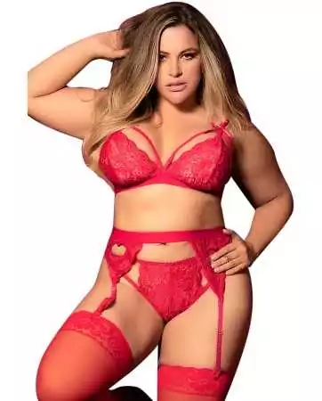 Three-piece red set in large size - bra, thong, garter belt - MAL8221XRED