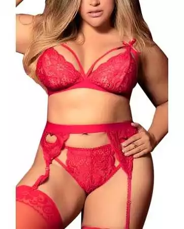 Ensemble 3 pièces rouge grande taille soutien-gorge string porte-jarretelles - MAL8221XRED