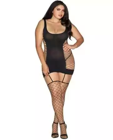 Black plus size openwork bodystocking with garter style and fishnet stockings - DG0102XBLK