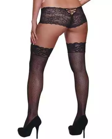 Black fishnet stockings in plus size with floral garters - DG0006XBLK