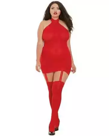 Bodystocking vermelho em tamanho grande com efeito de corpete e renda - DG0035XRED