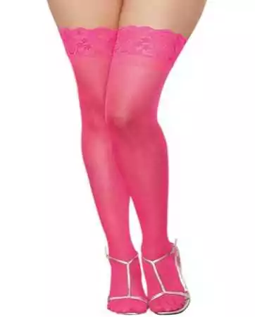 Pink thigh-high stockings, large size, nylon, self-supporting with lace garters - DG0005NXPNK