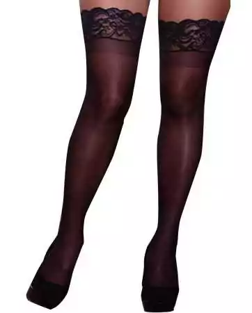 Black plus size nylon self-hold-up stockings with lace garters - DG0005XBLK