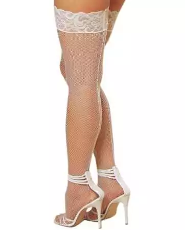 White plus size fishnet stockings with self-supporting seams and lace garters - DG0001XWHT