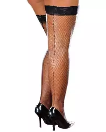 Black plus size fishnet stockings with self-holding property, creating an illusion of seams and lace garters - DG0001XBLK