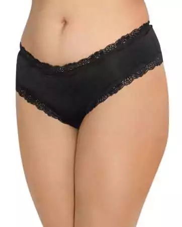 Satin black plus-size thong with lace trim and openwork on the back - DG1434XBLK