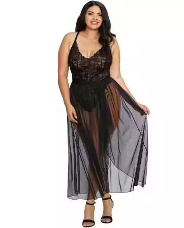 Black plus size lace plunge bodystring with removable sheer mesh skirt - DG10996XBLK