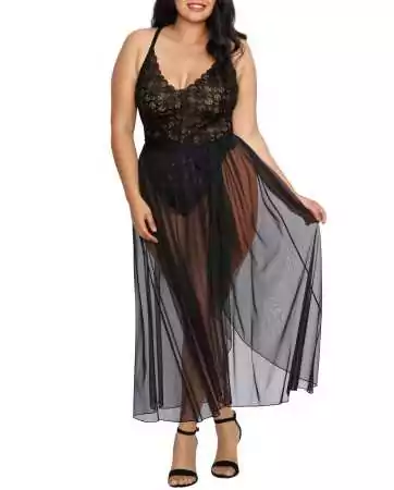 Black plus size lace plunge bodystring with removable sheer mesh skirt - DG10996XBLK