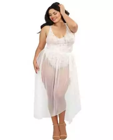 Body de tamanho grande branco com decote em renda e saia de malha transparente removível - DG10996XWHT