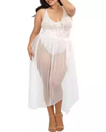 White lace plunging neckline plus size bodystocking with removable sheer mesh skirt - DG10996XWHT
