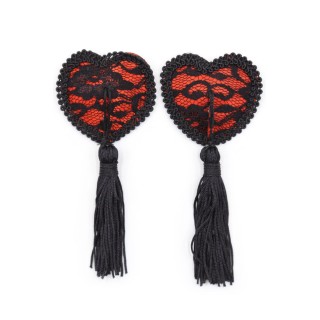 Paire de cache tétons adhésifs en forme de cœur avec dentelle noire et pompom - Oralove