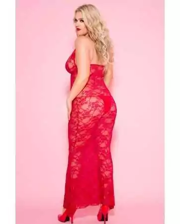 Plus size long red nightgown with plunging neckline and floral lace - ML53012XRED