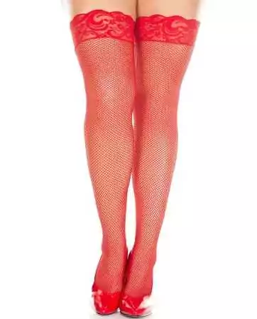 Red fishnet thigh-high stockings with lace top - MH4992XRED