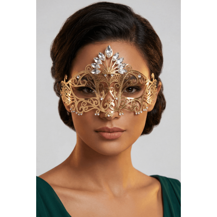 Masque vénitien Gemma rigide doré avec strass - Oralove